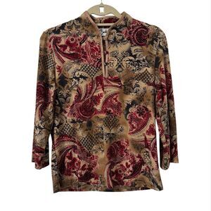 VTG Y2K Carducci Top Medium‎ Brown Red Paisley Floral Stretch Mandarin Collar